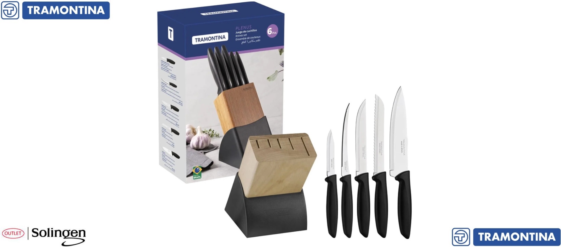 Tramontina Plenus 6 Piece Knife Set with Black Knife Block, Комплект кухненски ножове, изработени от неръждаема стомана с пластмасови дръжки, Tramontina Бразилия "Plenus"